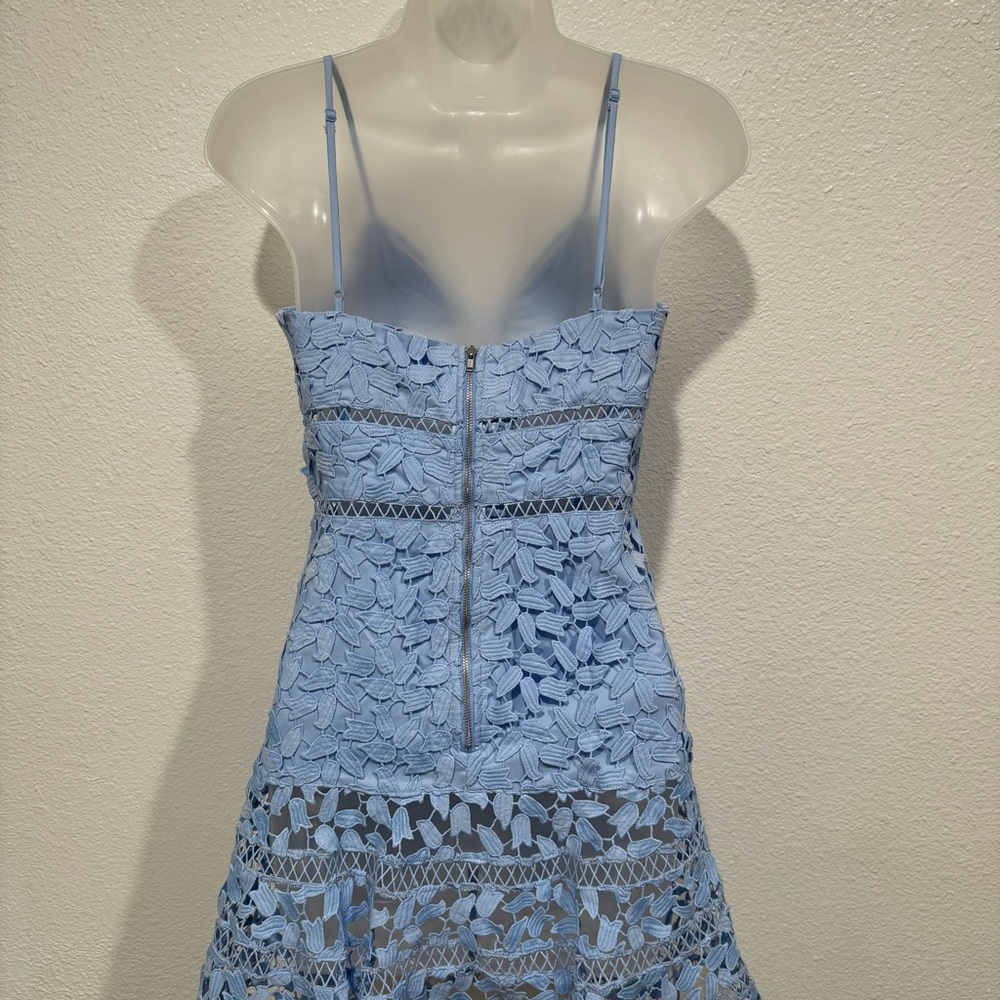 bardot agnes guipure lace overlay dusty blue tiered floral crochet mini dress - Picture 5 of 10